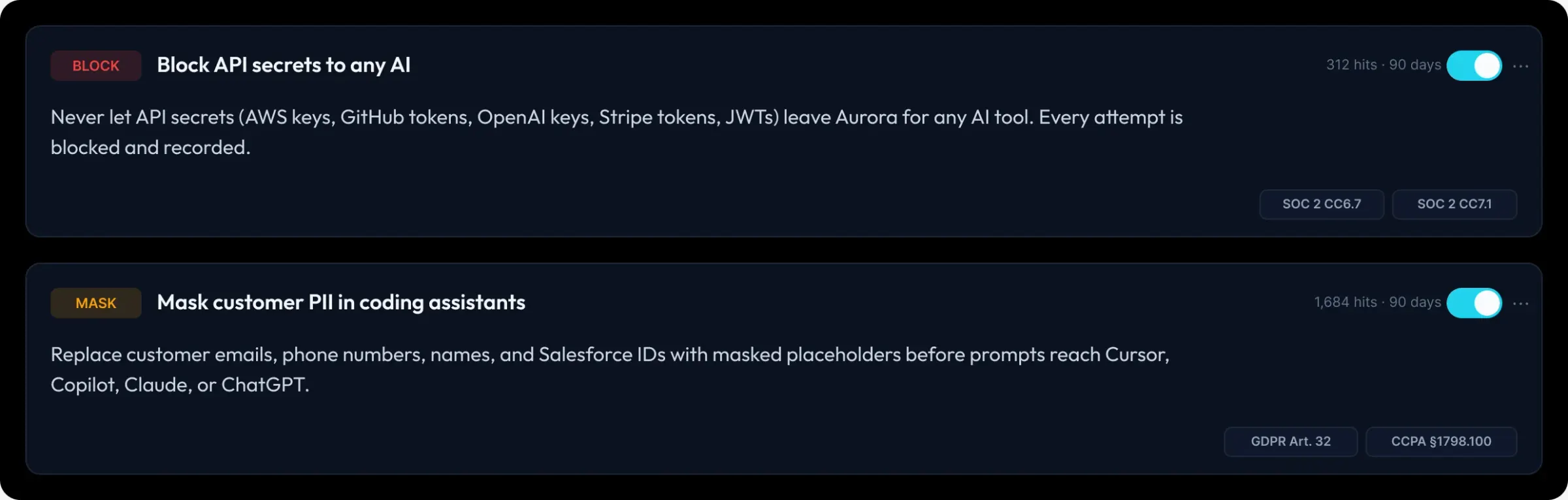 Two Zotniq rules for the Engineering team: block API secrets from any AI, mask customer PII in coding assistants